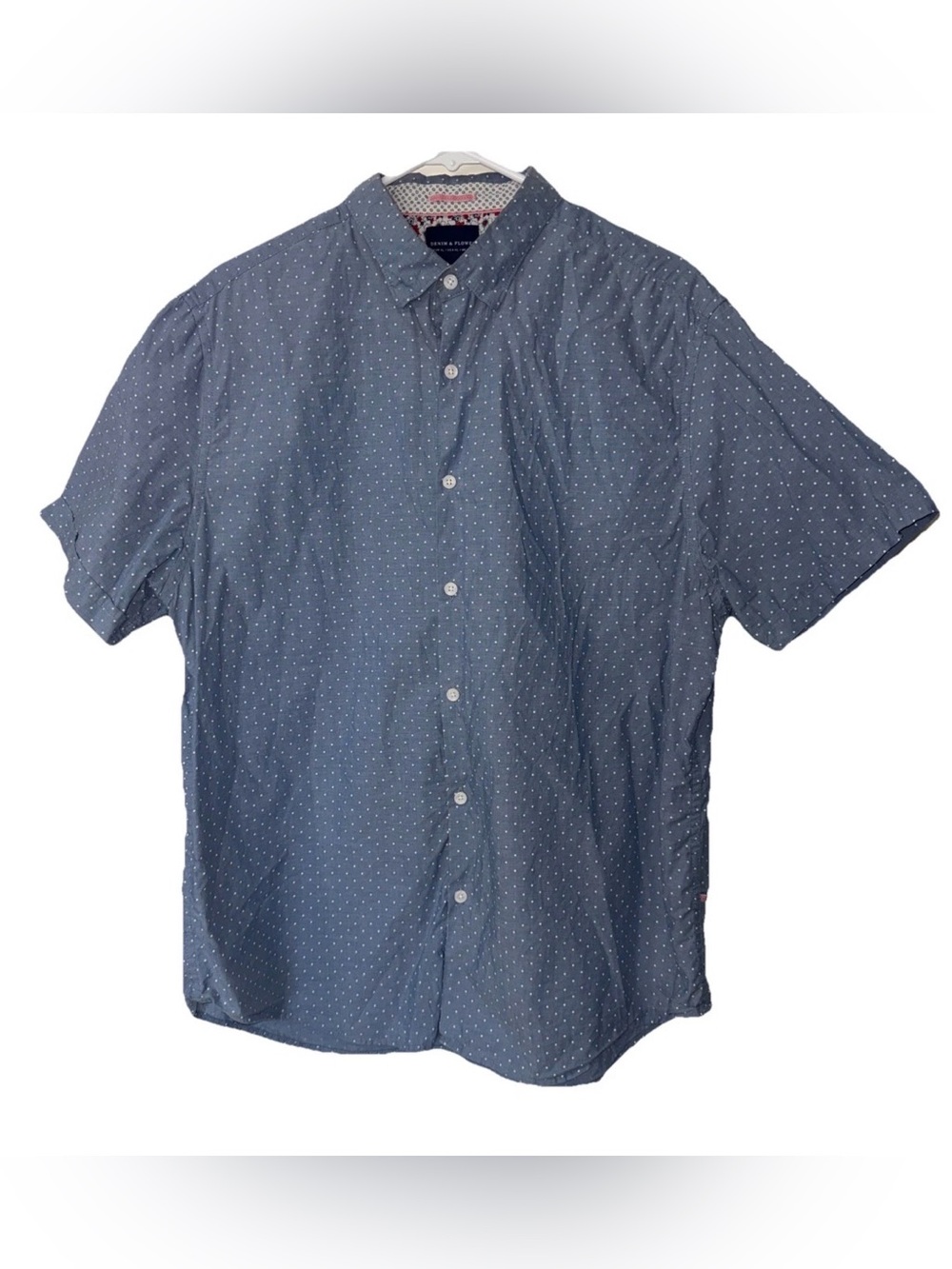 Denim Flower Blue White Polka Dot Casual Button Down Shirt Men XL Ricky Singh